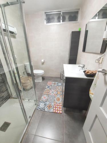 a bathroom with a shower and a sink and a toilet at Spacious apartment with sea view in O Grove, 110 m² in O Grove