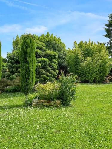 a garden with green grass and trees in the background at Maison de charme à Sigogne, proche de Cognac, barbecue inclus. in Sigogne