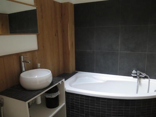a bathroom with a bath tub and a sink at La Petite Lili in Dinant