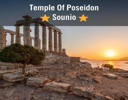 an image of the temple of poseidon at sunset at ATHENS VILLA KROPIA #AthensAirport #AirView #Sunrise in Koropíon