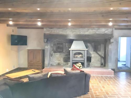 - un salon avec une cheminée en pierre et un canapé dans l'établissement Maison conviviale à Bagnols avec terrasse et jardin, à Bagnols