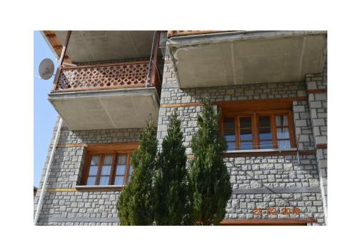 a building with windows and a tree in front of it at La Petri Studios with Fireplace & View in Metsovo