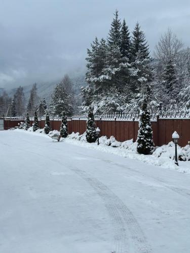 a snow covered street with a fence and trees at Bambetli in Tatariv