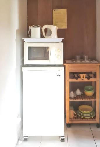 a kitchen with a microwave and a shelf with dishes at Appartement cosy à La Trinité, 20 m², avec jardinlo in La Trinité