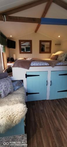 a bedroom with two beds with blue cabinets at Alpaca Cwtch - Pembrokeshire, West Wales in Fishguard