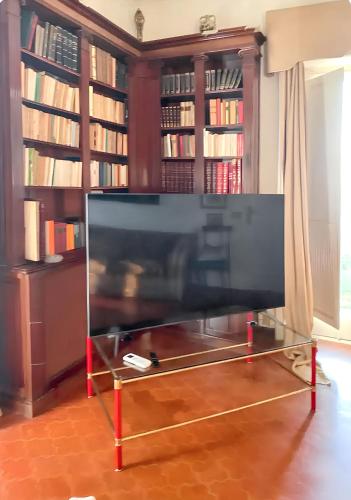 a large flat screen tv in a living room with books at Spacious apartment with sea view in Massa Lubrense in Massa Lubrense