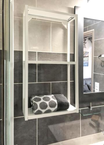 La salle de bains est pourvue d'une armoire blanche avec un miroir. dans l'établissement Charmant appartement à Saint-Julien 40 m² avec vue jardin, à Saint-Julien-en-Born