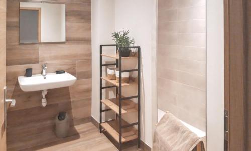 a bathroom with a sink and a shelf at Maison spacieuse à Cerniébaud avec magnifique jardin. in Cerniébaud