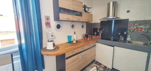 une cuisine avec un comptoir avec un mixeur dessus dans l'établissement Charmant appartement à Carcassonne avec vue sur le jardin - 35m², à Carcassonne