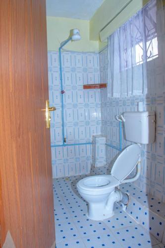 a bathroom with a white toilet and a window at Lyntex guest house in Nanyuki