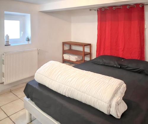 une chambre avec un lit avec un rideau rouge dans l'établissement Appartement cosy à Les Pavillons-sous-Bois 30 m² avec jardin clôturé, à Les Pavillons-sous-Bois