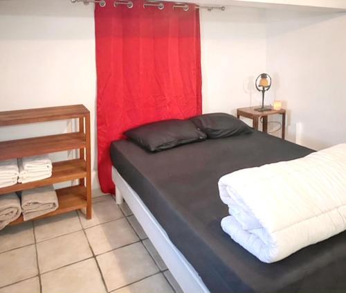 a bedroom with a bed with a red curtain at Appartement cosy à Les Pavillons-sous-Bois 30 m² avec jardin clôturé in Les Pavillons-sous-Bois