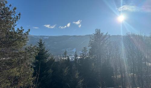 a view of a mountain with trees and the sun at Dom Na Widoku w górach Szczyrk in Szczyrk