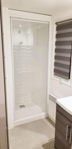 La salle de bains est pourvue d'une douche en verre et d'une fenêtre. dans l'établissement Bungalow confortable à Saint-Jean-de-Monts avec piscine partagée, à Saint-Jean-de-Monts