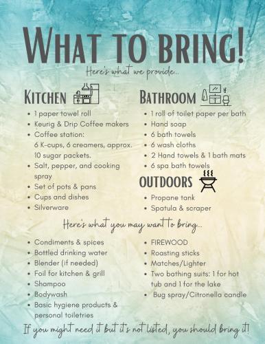 a poster of what to bring in a restaurant at Edgewater Escape, Hocking Hills, Hot Tub, Pond in Rockbridge