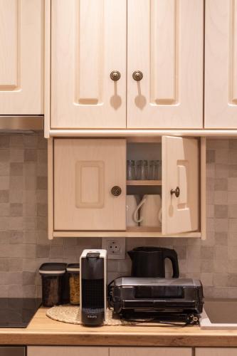 a kitchen counter with a toaster oven and a toaster at Sokaki Guesthouse in Arachova