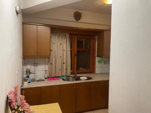 a kitchen with wooden cabinets and a sink at Archontiko tou Krommyda in Elati Trikalon