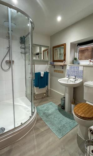 a bathroom with a shower and a sink at THE ASH TREE - Charming & comfortable apartment in Frome
