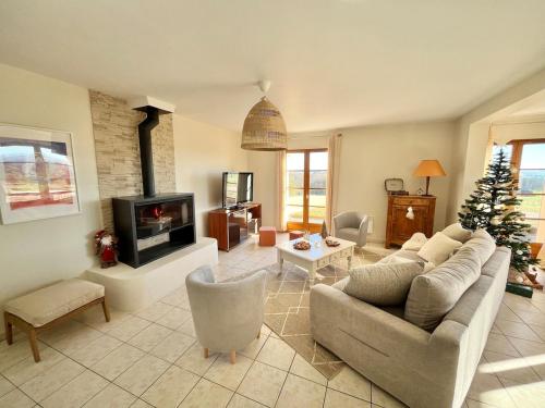 a living room with a couch and a christmas tree at Les vallons de Gascogne in Bazian