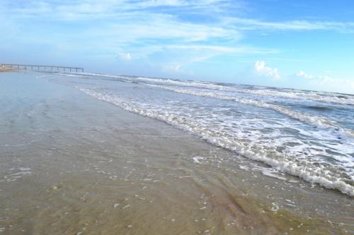 a beach with a pier in the water at BEST BEACH Cottage Two Gorgeous Ocean Views - Renovated Like POTTERY BARN - Beach Steps Away in Saint Augustine Beach