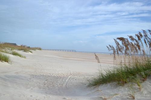 a sandy beach with some tall grass on it at BEST BEACH Cottage Two Gorgeous Ocean Views - Renovated Like POTTERY BARN - Beach Steps Away in Saint Augustine Beach
