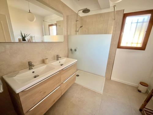 a bathroom with a sink and a shower at Les vallons de Gascogne in Bazian