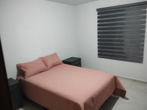 a bedroom with a bed with pink sheets and a window at executive home, vacation work in Ramos Arizpe