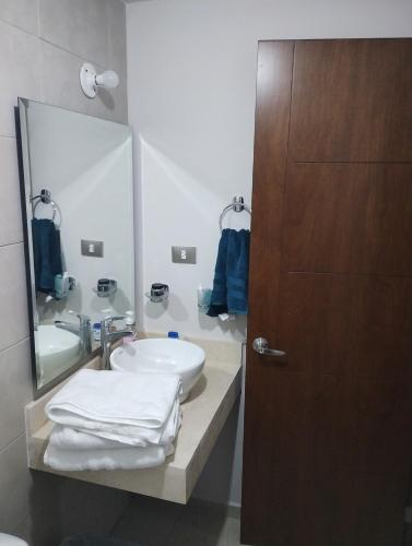 a bathroom with a sink and a mirror at executive home, vacation work in Ramos Arizpe