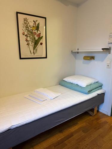 two beds in a room with a picture on the wall at Torget Vandrarhem in Kävlinge