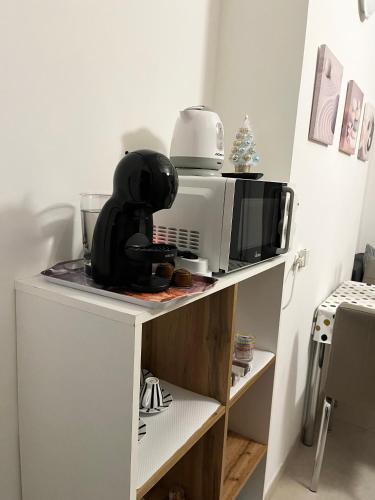 a microwave sitting on top of a kitchen shelf at Comfort Cher a Cadorago in Fino Mornasco