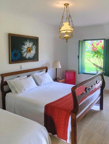 a bedroom with a bed and a chandelier at Pousada Rio de Contas in Rio de Contas