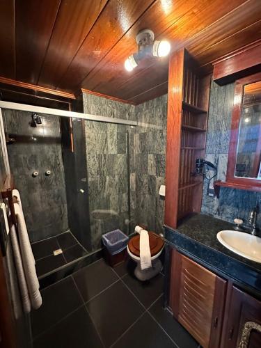 a bathroom with a shower and a toilet and a sink at Hotel Du Lac Macaé in Macaé