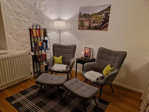 een woonkamer met twee stoelen en een tafel bij Galeriewohnung Ritter Ramm mit kostenlosem Parkplatz und Kamin, Bahnhof fußläufig in Goslar
