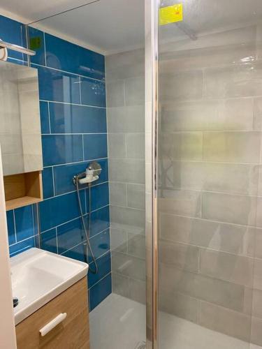 une salle de bain avec douche et lavabo dans l'établissement Sainte Maxime, appt tout confort, à Sainte-Maxime