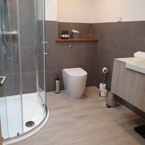 a bathroom with a shower and a toilet and a sink at Ardeonaig Hotel & Restaurant in Ardeonaig