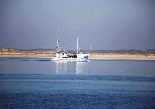 a white boat floating on the water at Bredgade 10 Thyborøn in Thyborøn