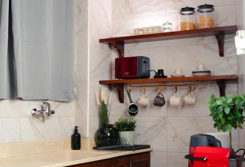 a kitchen with a sink and a counter with cups at Central House in Plaka in Athens