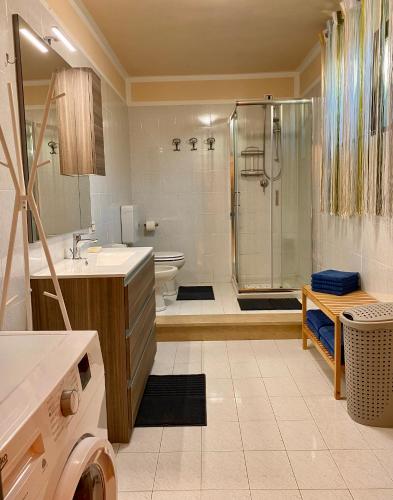 a bathroom with a shower and a toilet and a sink at Casa Grazia in Crone