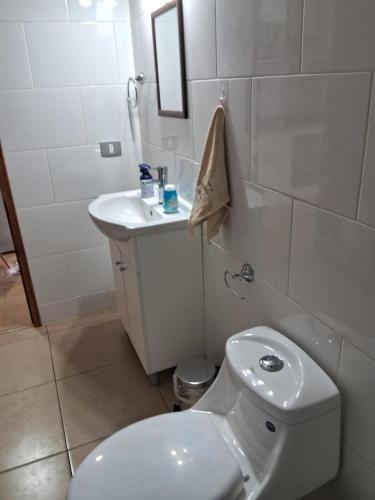 a white bathroom with a toilet and a sink at Departamento Los Carrera Centro in Osorno