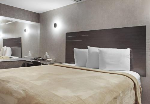 a hotel room with a large bed and a mirror at Hotel OPUS Bronx Near Bay Plaza Mall in Bronx