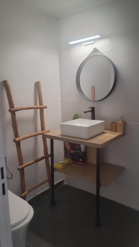 a bathroom with a sink and a mirror on a table at Le Colibri in Sainte-Anne
