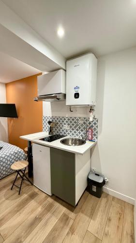 une petite cuisine avec un évier et un lit dans l'établissement Le carmes studio - Hypercentre Orléans, à Orléans
