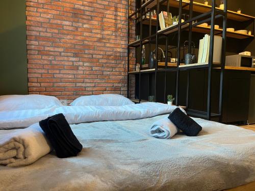 two large beds in a room with a brick wall at Mickitos Cozy Studio Two in Mavrovo