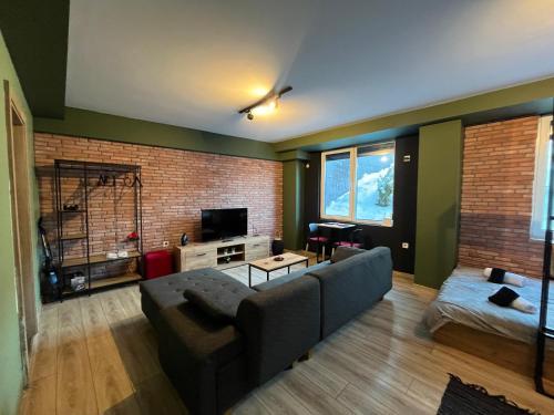 ein Wohnzimmer mit Sofa und Fernseher in der Unterkunft Mickitos Cozy Studio Two in Mavrovo-Nationalpark