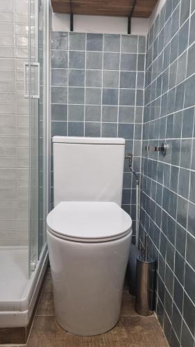 La salle de bains est pourvue de toilettes blanches et de carrelage bleu. dans l'établissement Studio bleu pleyel, à Saint-Denis