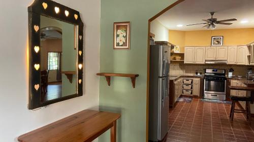 a kitchen with a stainless steel refrigerator and a mirror at El Remanso de paz y tranquilidad in San Pablo Nuevo Abajo
