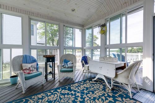 a room with a desk and chairs and windows at A Shore Thing in Chester
