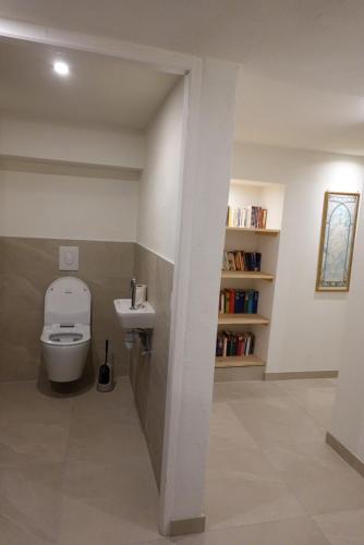 une salle de bain avec toilettes et lavabo dans l'établissement Appartement rez-de-chaussée dans vielle ferme au coeur des Vosges, à Plainfaing