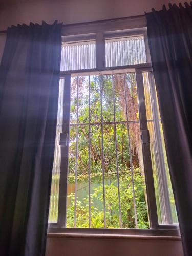 a window with a view of a tree at Quarto tranquilo e familiar no leblon - Quiet family room in leblon in Rio de Janeiro