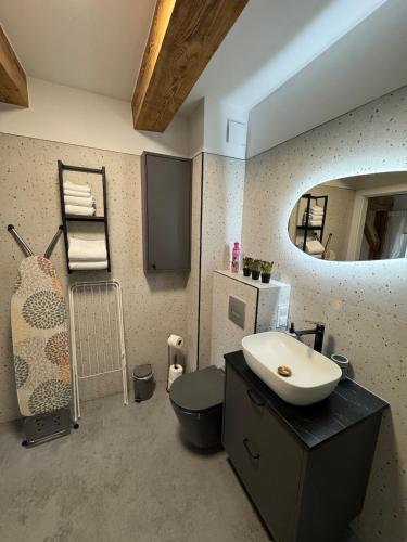 a bathroom with a sink and a toilet and a mirror at Apartament Centro 9 in Leszno